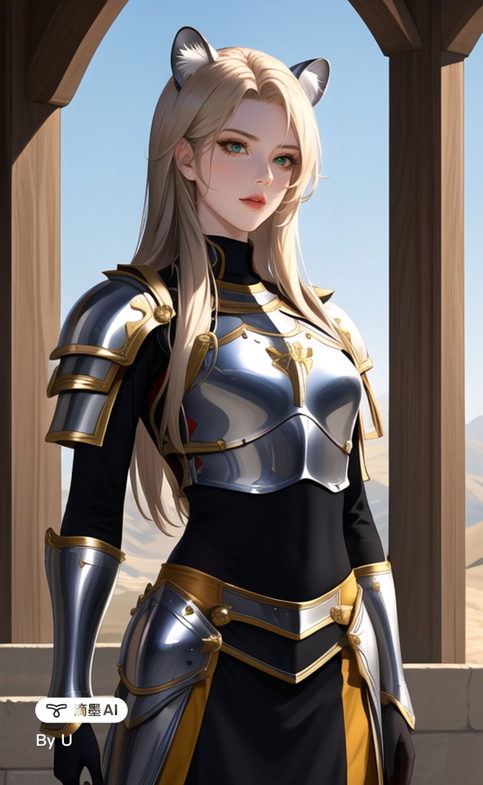 一个女生,金发,绿眼,女骑士,盔甲,中性 - 滴墨ai
