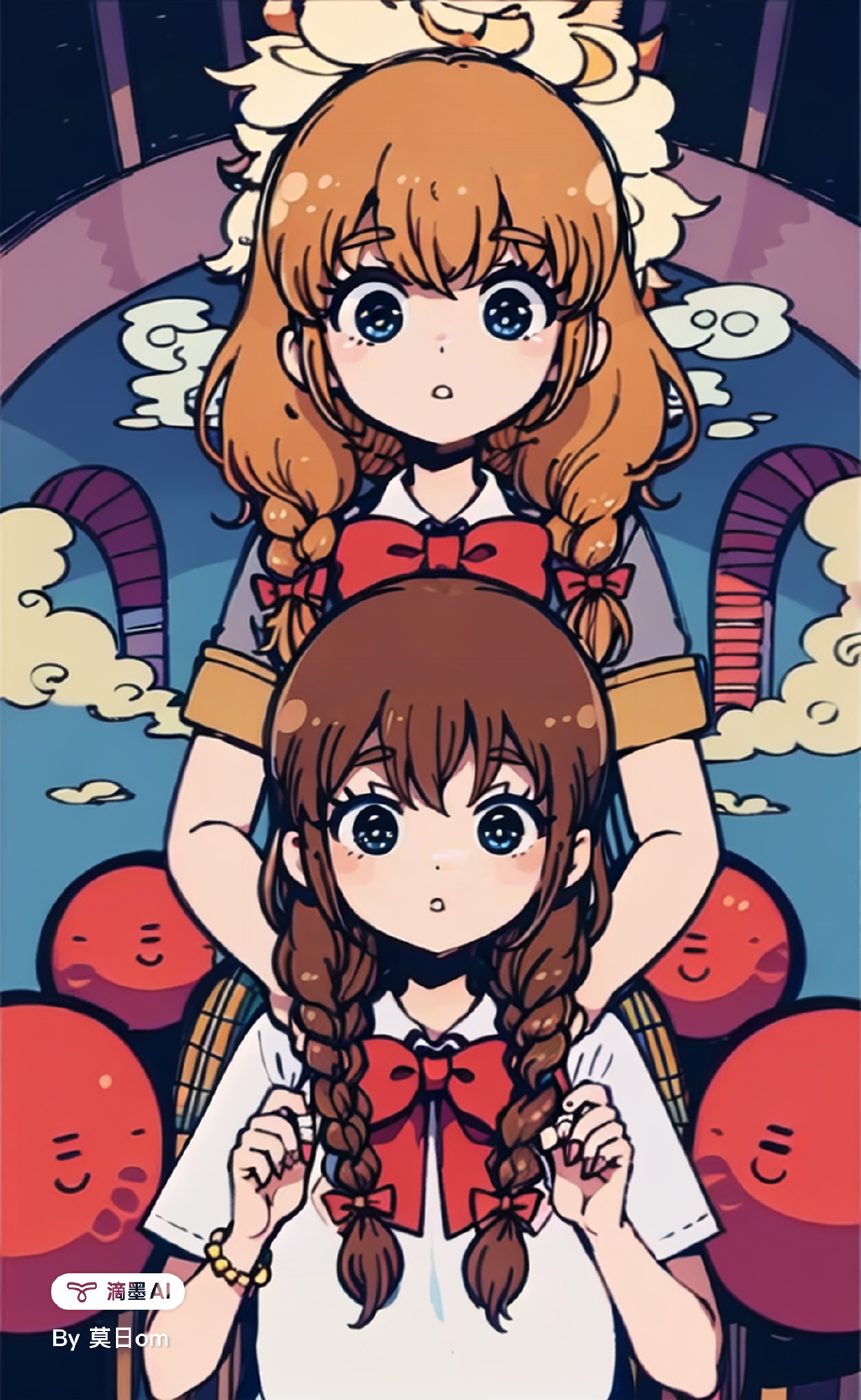 两个辫子的女生,棕色头发,蓝色眼睛,jk - 滴墨ai