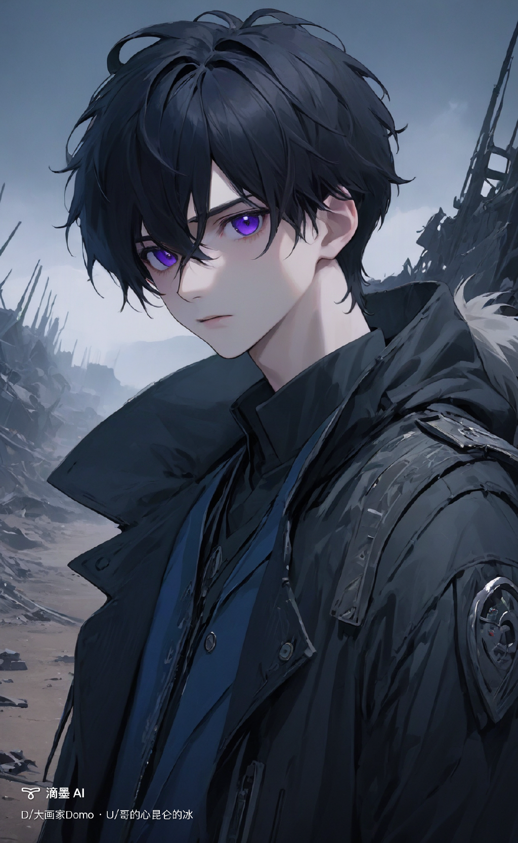 男生,黑发,长狼尾,皮肤苍白,瞳孔幽深紫 - 滴墨ai